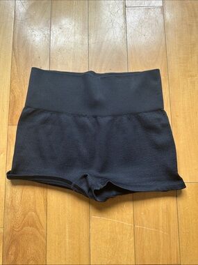 Ribbed High-Waist Bike Shorts — Black. Great for working out. Booty Short Cut
